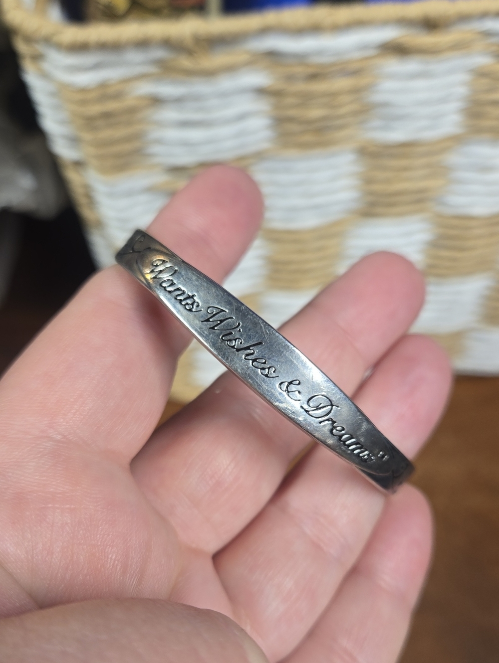 Engraved Silver Tone Inspirational Cuff Bracelet - "Wants Wishes & Dreams"